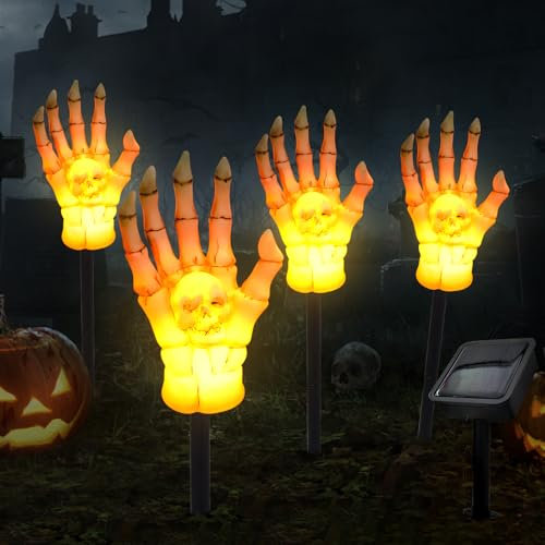 4 Skelett Hände für Halloween Deko, Leuchtende Zombie Geist Arm Pfahl, Halloween Schädel Hände Dekoration, Solarlampen für Außen zum Deko von Gartenterrassen, für Eine Horror Atmosphäre (Flammen)
