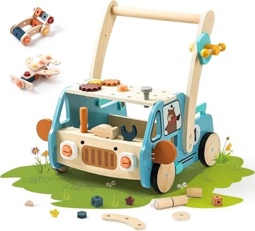 let's make Lauflernwagen Holz Montessori Spielzeug Lauflernhilfe mit Rädern und Blöcken Spielzeug Multifunktion Baby Walker Activity Lauflernhilfe für baby ab 1 jahr (Blau)