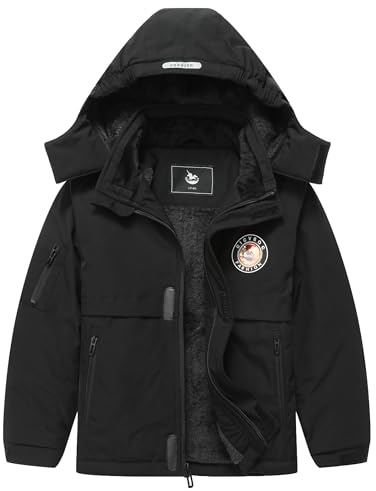 CICVSOC Girls' Ski Jacket Winter Outdoor Warm Snow Coat Kids Snowboard Windproof Jacket with Hood, Black01, 11-12