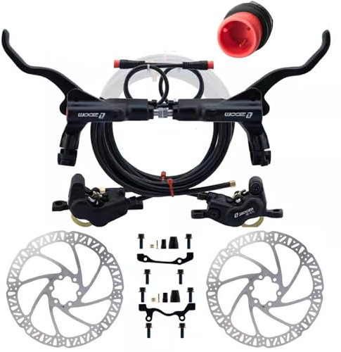 Zoom HB 876E 2-PIN 4-Kolben E-Bike Hydraulisches Bremsen-Set, 180 mm Rotoren, vorgeblasener Bremssattelhebel, Montageadapter (schwarz & 2-poliger Stecker) 900/1850 mm