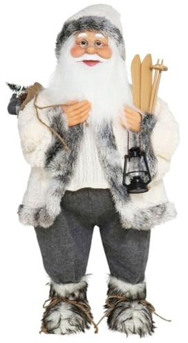 Tradineur - Figura de Papá Noel con esquís, poliéster y plástico, Santa Claus de pie, decoración Festiva, Adornos Navidad, escaparates, hogar (Gris - 80 cm)