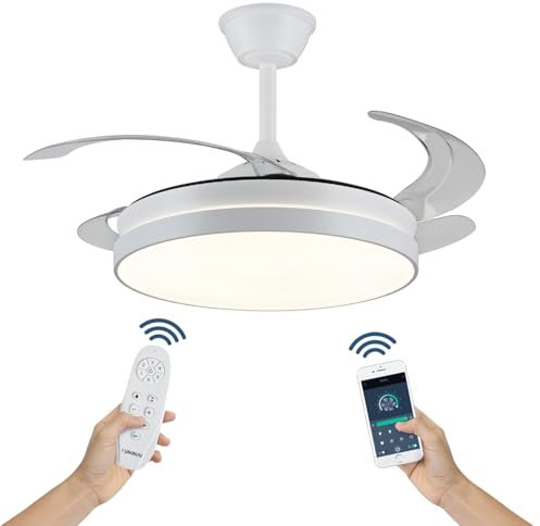 Ventilador de Techo con Luz LED 72W Silencioso - CCT 3000-4000-6000K con Aspas Retractiles - Mando a Distancia, Función Verano e Invierno y Reversible - Ventilación en Hogares y Oficinas