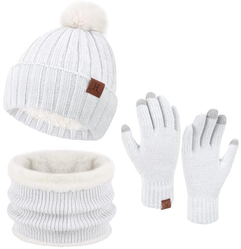 ZASFOU Femme Bonnet d’Hiver Chapeaux Foulard Écran Tactile Gants Set doublé Chenille Tricot Bonnets Cache Cou Polaire doublé
