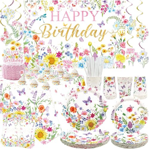 Wildflower Birthday Decorations,Floral Birthday Party Supplies, Plates Cups Napkins Tablecloth Happy Birthday Backdrop Cake Toppers Hanging Swirls for Spring Summer Picnics Weddings Tea Party