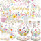 Wildflower Birthday Decorations,Floral Birthday Party Supplies, Plates Cups Napkins Tablecloth Happy Birthday Backdrop Cake Toppers Hanging Swirls for Spring Summer Picnics Weddings Tea Party