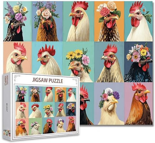 1000 Stück Puzzles für Erwachsene Adorable Rooster Jigsaw Puzzle Rooster Portraits 1000 Stück Puzzlespiel Verschiedene Hähne mit Blumenkronen Wanddekor DIY Craft Puzzle Bauernhof Tiere Kunst