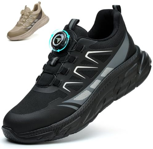 RASEARY Men's & Women's Lightweight Steel Toe Cap Trainers, Non-Slip Work Safety Shoes, Breathable Industrial Work Shoes with Swivel Buckle Shoelaces, Black, UK 4