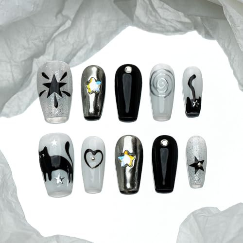 Sun&Beam Nails Handgefertigte Kunstnägel Mittel Lang Sargform Ballerina Nägel zum Aufkleben in Schwarz Weiß Handgemalt Strass Kätzchen Design mit Klebepads 10 Stück (#207 M)