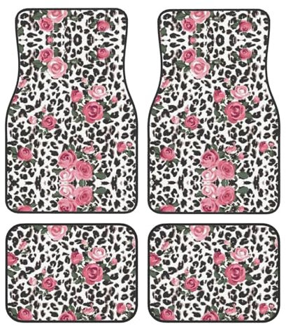 Teppichmatten-Set mit niedlichem rosa Rosen-Mix, Leopardenmuster, Premium-Qualität, Teppich-Fußmatten für Autos, Autozubehör