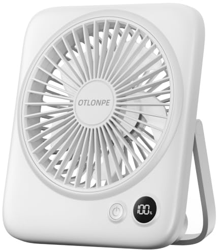 Otlonpe Portable Desk Fan, 4000mAh Small Rechargeable Quiet Personal Fan Battery-Operated & USB-Powered with LED Display for Bedroom Travel Sleeping Table Office Home Use, Cordless (White)