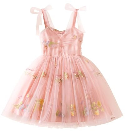 JiAmy Abiti da bambina a costine in maglia di tulle con paillettes primavera maniche volanti arcobaleno vestito per bambini per 1-6 anni, Fiore Cinturino Rosa, 4-5 Anni