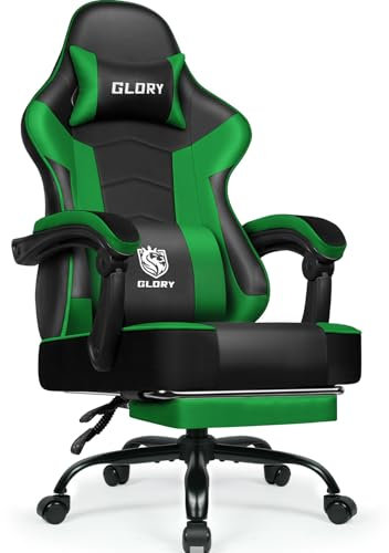 minnouat Gaming Stuhl, Bürostuhl Ergonomisch mit Teleskopische Fußstütze, Gaming Chair mit Kopfstütze und Lendenwirbelstütze,Gaming Sessel gepolstert 150 kg, höhenverstellbarer Gamer Stuhl,Grün