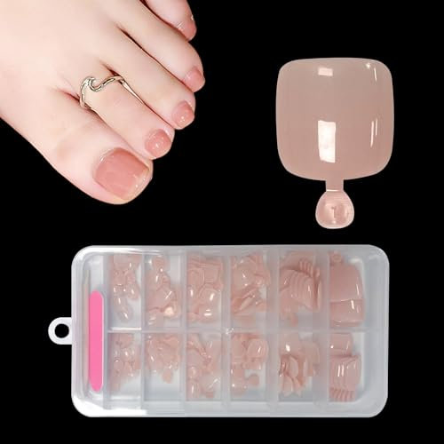 Faux Ongles Pieds Carrés Courts, ZAHRVIA 120 Pièces 12 Tailles Capsules Américaines pour Ongles d'Orteils en Gel Souple Rose Nude pour Pédicure DIY & Nail Art (Nude Pink)