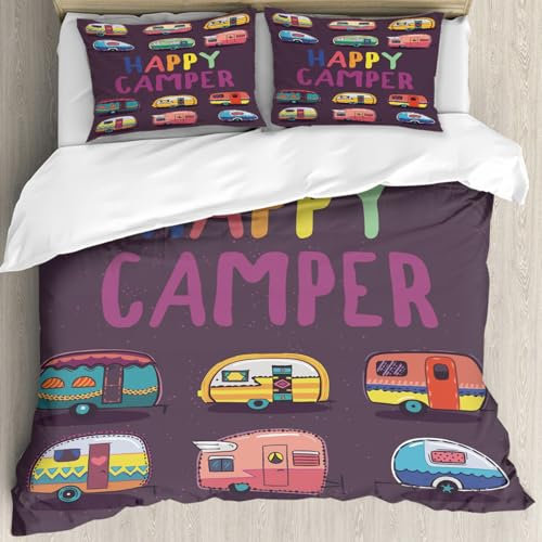 MJNLYDAO Sleeptime 100% Baumwolle Bettwäsche - Bettbezüge mit Reißverschluss - Set mit 2 Kissenbezüge,Glücklicher Camper, Karte. Trailering und Camping, Outdoor-Erholungsabenteuer, Dru,152x203 cm