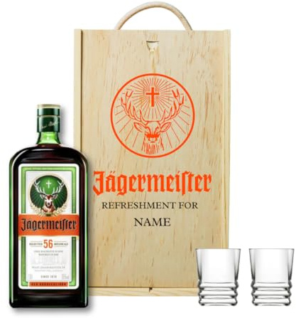 Personalised Jägermeister Gift Set with Shot Glasses – Alcohol Present for Men or Women – 70cl Bottle (35% ABV) in Engraved Wooden Box – Herbal Liqueur Gift for Him or Her – Unique Spirit Set