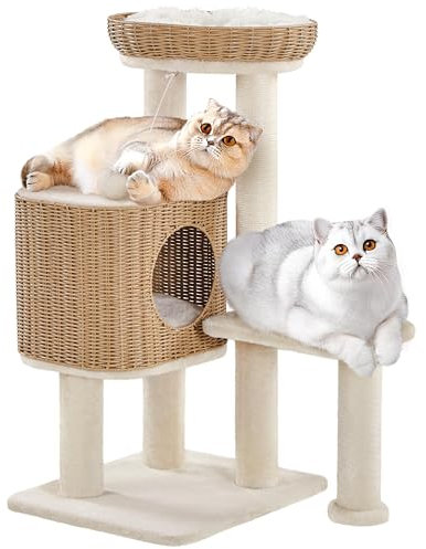 Yaheetech Arbre à Chat en Rotin 91 cm, Tour pour Chats 10 KG, Griffoir en Sisal avec Niche/Coussin/Panier Supérieur Souple/Poteaux à Griffer/Boule