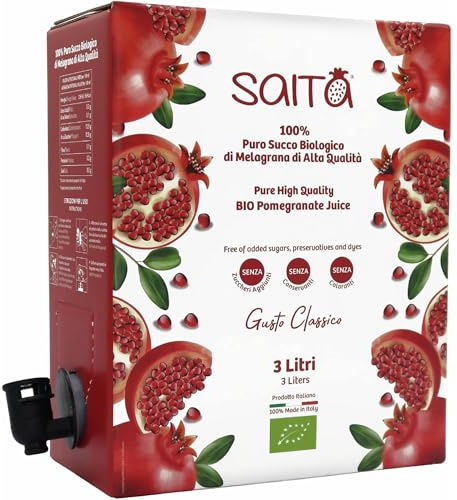 Saita Succo di Melograno 100% Puro Biologico, Succo di Frutta Senza Zuccheri Aggiunti, Vitamina C Naturale, Vegan Superfood Detox, Bag in Box 3 l, Classico, Made in Italy