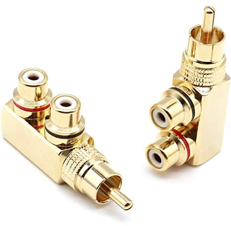 DESINIK Right Angle RCA Male to 2 Female RCA Splitter Adapter Connector,Gold Plated AV Splitter Adapter (2Pack)