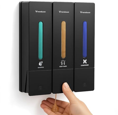 Shampoo and Conditioner Dispenser,Shower Dispenser 3 Chamber No Drill,Shower Soap Dispenser Wall Mounted for Bathroom Hotel with Upgrade Pump Head(Black 3 Chamber)