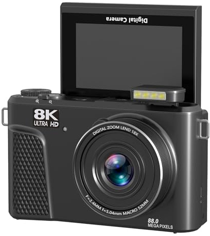 VBESTLIFE 8K Digitalkamera für Fotografie, 88MP Autofokus WiFi -Reise -Vlog -Kamera mit 18 -Fach Digitaler Zoom, 3 180 ° Flip -Bildschirm, Füllung Licht (Black)