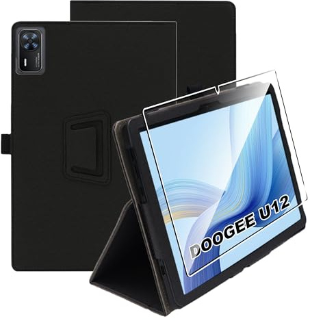 zZjoOoj Hülle für DOOGEE U12/G6 Pro/E3+ Tablet Case 12 Zoll,Ultra Dünn PU Case Cover,with 1 Stück 9H Härte Anti-Kratzen Folie, Vertical Stand Function und Handschlaufe,Schwarz