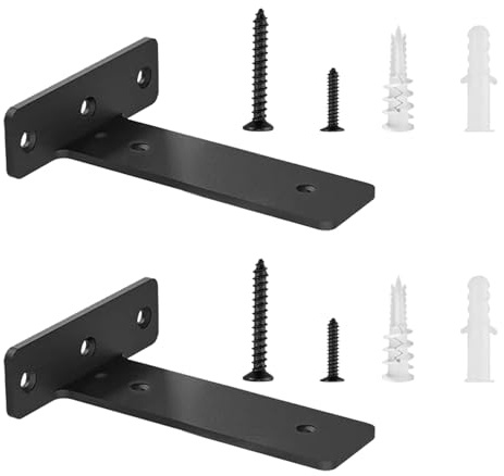 2 Pièces Supports D'Étagère Flottants, Equerre Charge Lourde Avec Vis Et Ancrages Assortis, Equerre Etagere Murale Métal pour Salon | Bureau | Cuisine (Noir, 20 cm)