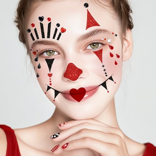 5 Blatt Gesichtstattoo Karneval & Nagelsticker, Pantomime Kostüm/Clown Kostüm Damen Kinder Herren Erwachsene, Schminke Pantomime Accessoires Damen, Faschingskostüme Damen Clown Schminke & Zubehör