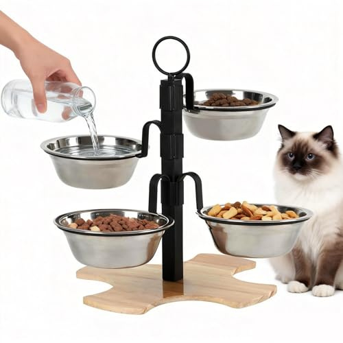 Cat Feeding Station with 4 Stainless Steel Bowls for Indoor Cats & Dogs | Adjustable Elevated Cat Bowls, 3-Height Raised Pet Feeder with Wooden Base for Multi Cats & Small Dogs, Modern Cat Bowl Rack