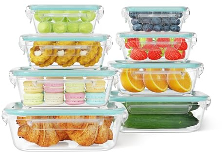 HAUSVIVO Lot de 8 Boîtes Alimentaires en Verre avec Couvercle | Récipients Hermétiques en Verre Borosilicate | Étanches & Empilables | Pour Congélateur, Micro-ondes | 1040ml, 640ml, 370ml, 180ml