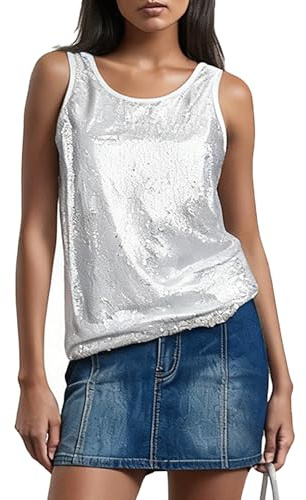 Damen Sparkly Pailletten Top Ärmellos Rundhals Breiter Träger Weste mit Full Front Glitzer für Nachtclub Karneval Rave Party