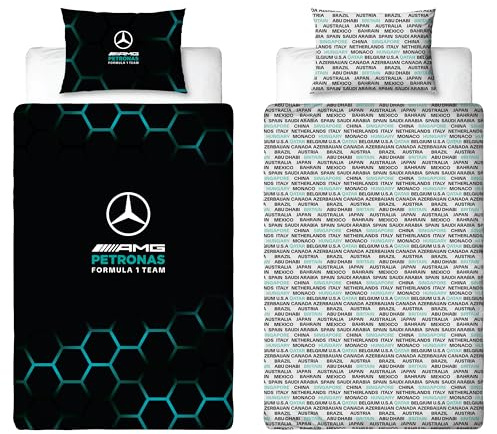 Mercedes AMG Petronas Offizielles Einzelbettwäsche-Set, Design „Ridge“ | Blaues, beidseitig wendbares Formel-1 Bettwäsche-Set mit passendem Kissenbezug | Offizielles Merchandise | Polycotton