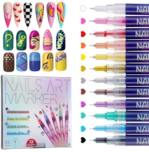 12 Farben Nagellack Stift Set, 3D Nail Art Marker zum Zeichnen & Dekorieren der Nagelspitze, Nagellackstifte für Nägel, Nail Art Pen für feine Linien, DIY Maniküre & Nageldesign (12 Stück)