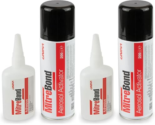 UNIKA MitreBond Superglue & Aerosol Activator – Industrial Strength, Fast-Setting, High Viscosity, Dries Clear – Strong Bond for Wood, MDF, Plastic, Metal, Ceramic, Glass and more (Pack of 2)