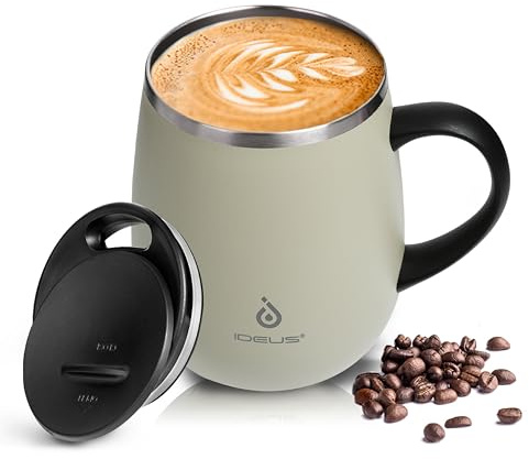 Ideus Kaffeebecher 470 ml (16 oz), doppelwandige vakuumisolierte Kaffee- und Teetasse aus Edelstahl mit rutschfestem Griff und Schiebemoduldeckel und großem Volumen (Céladon)