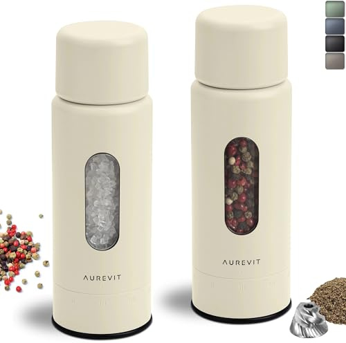 Aurevit Salt and Pepper Grinder Set Manual, Salt and Pepper Mill with Ceramic/Stainless Steel Core, External Adjustable Coarseness, Refillable, Durable (2 Packs, Buttercream)