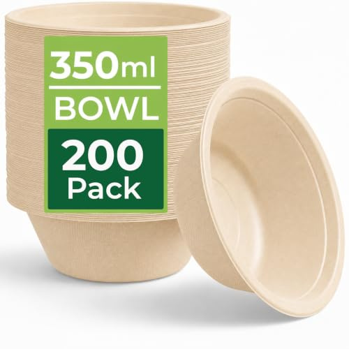 200 Pack Strong Paper Bowls 350ml – Brown Disposable Bowls for Parties 12oz | 5.3 x 1.77 in, Heavy-Duty, Biodegradable, Microwavable Bagasse Party Bowls, for Dessert, Pudding, Soup, Salads, Curry, Pasta
