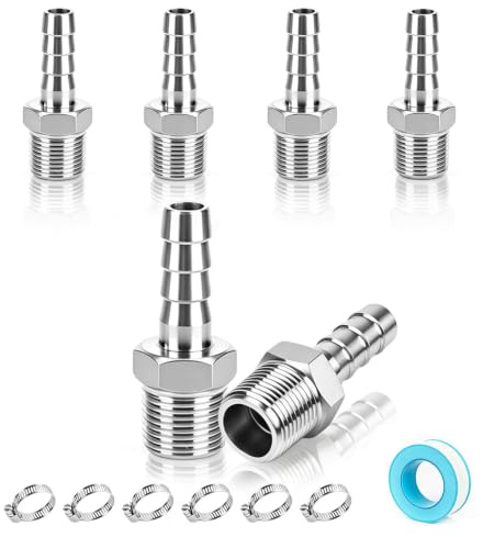 EFUTURETIME 6pcs Racores Espiga Acero Inoxidable 304, Rosca Macho BSP 1/2 x Espiga 10mm con Abrazaderas, Conector Manguera Combustible Agua Aire Gas Neumático