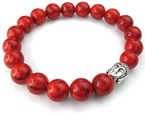 KONOV Jewellery Herren Damen 10 mm natur Energy Stone Edelstein Armband, Buddha Mala, rot silber (mit Geschenk Tüte)