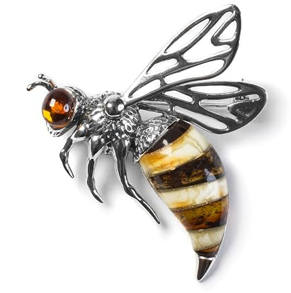 Silver Bee Hornet Brooch, Amber Pin, Statement Brooch, Bumble Bee Jewelry, Gift for Nature Lover
