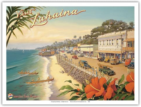 Visit Lahaina Maui Hawaii – Alle Erlöse gespendet an Maui United Way Fire Katastrophenhilfe – Vintage Hawaii-Reise-Poster von Kerne Erickson – Master Art Print 22,9 x 30,5 cm