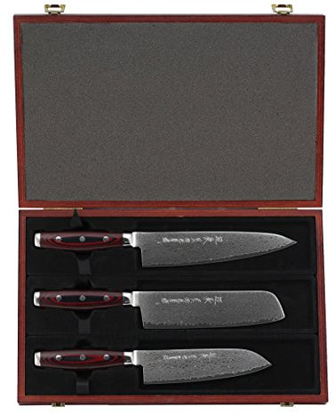 Set di coltelli damascati Yaxell Super Gou 161 – Coltello da cucina + coltello da nakir + coltello Santoku in esclusiva scatola di legno – nucleo in acciaio a polvere 63HRC