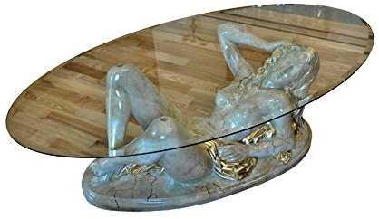 Antikes Wohndesign Ovaler Couchtisch Wohnzimmertisch Glastisch Figurentisch Nackte Frauenfigur Erotiktisch Frauen Akt