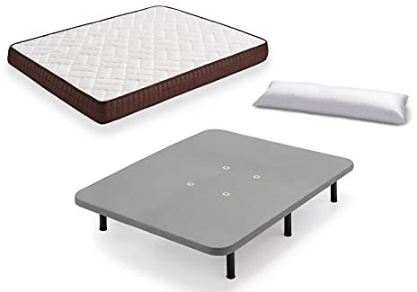 HOGAR24 ES Cama Completa - Colchón Viscobrown Reversible + Base Tapizada 3D con 5 Barras Transversales Color Gris + 6 Patas de 26cm + Almohada de Fibra, 135x190 cm