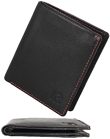 KRONIFY Leder Geldbörse Herren Slim Wallet Männer Portemonnaie, Leder Kreditkartenetui RFID Schutz, Mini Portmonee Herren, Echtleder Geldbeutel mit 8 Kartenfächer, Geschenk Box, Nappa Schwarz/Rot