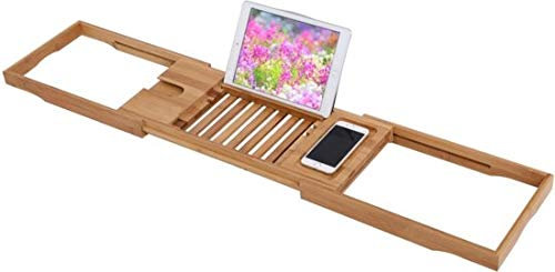 QUVIO Ausziehbares Badregal - Bücherhalter Bad - Tablet-Halter Bad - Bambus Badregal - Badewanne - Badewannenständer - Badregal - Badbrücke - Badetisch - Braun