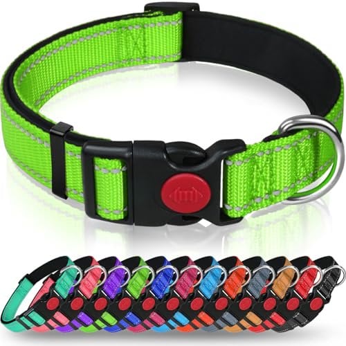 Taglory Hundehalsband, Weich Gepolstertes Neopren Nylon Hunde Halsband für Welpen, Verstellbare und Reflektierend für das Training, Grün