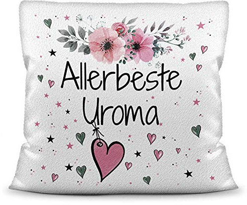 Kissen inkl. Kissenfüllung mit Spruch - Allerbeste Uroma - Beste Geschenkidee für Familie und Freunde - Kissen Polyester - Weiß flauschig