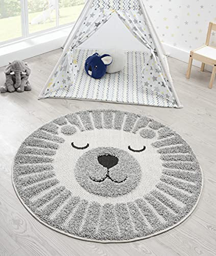 the carpet Lou Weicher Kuscheliger Kinderteppich, Weicher Kuschel-Flor, Pflegeleicht, Farbecht, Outdoor, 3D Optik, Löwen Motiv, Grau, 120 cm Rund