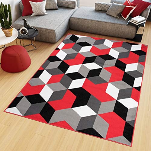 TAPISO Maya Kollektion Teppich Kurzflor Modern Grau Creme Rot Schwarz Geometrisch Gitter Figuren Design Wohnzimmer Schlafzimmer ÖKOTEX 80 x 150 cm