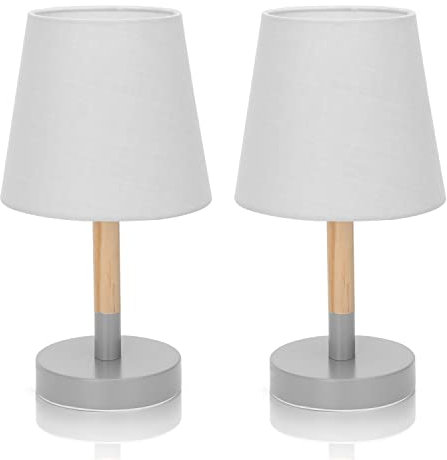Aigostar Lot de 2 Lampe de Table Moderne en Bois, Lampe de Chevet avec Abat-jour en Tissu gris et Base en Métal, Douille E14, Vintage pour Chambre, Salon